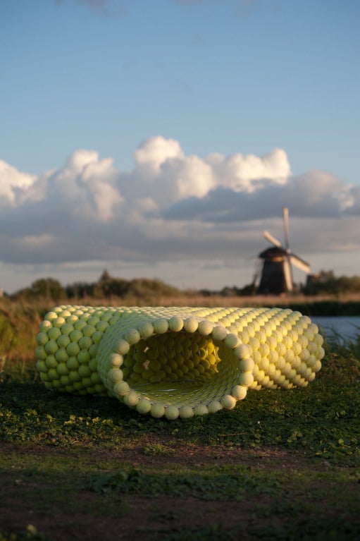 The Tennis Ball Sofa was executed for the digital art depot of Museum Boijmans van Beuningen in Rotterdam. Inspired by how a museum collection grows, Tejo Remy & Rene Veenhuizen linked their design to a micro organism by the use of Tennis balls