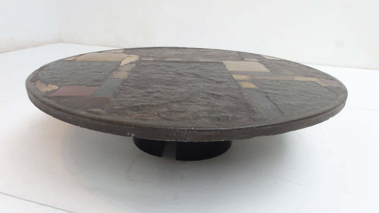 Paul Kingma Brutalist Coffee Table with Mixed Stones and Brass Details 3