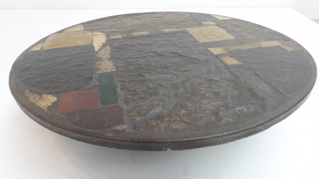 Paul Kingma Brutalist Coffee Table with Mixed Stones and Brass Details 5
