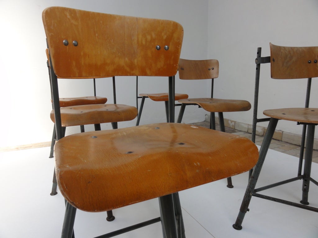 Set of 6 adjustable machinist chairs by Swiss producer K. Mischke Sohn, Zurich
Adjustable sprung backrests and base
The feet are all set in their highest position 
Beautiful curved plywood seat and backrest

We have in total 12 chairs in stock,