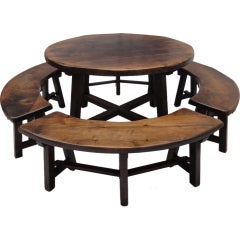 French rustic massive oak round dining set 1950's P. Chapo style