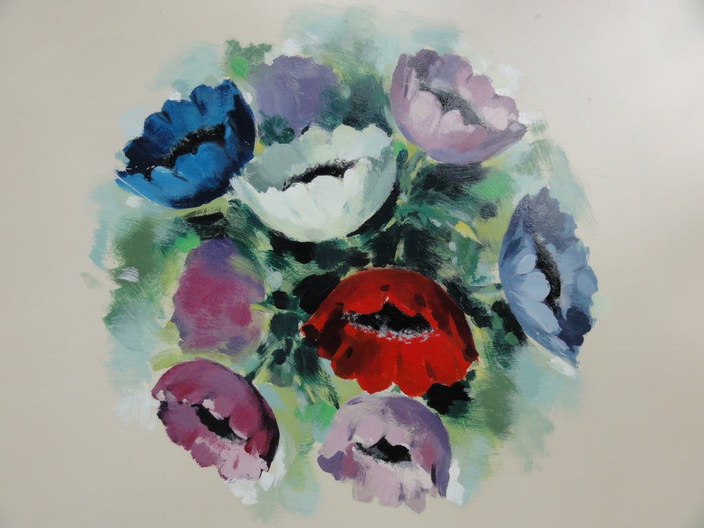 Poppy flower still life painted Italian round coffeetable 1950's