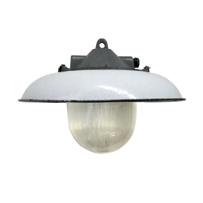 White enamel industrial lamp. With Holophane glass. weight  6.0 kg / 13.2 lb. 

All lamps have been made suitable by international standards for incandescent light bulbs, energy-efficient and LED bulbs with an E26/E27 socket, new wiring CE