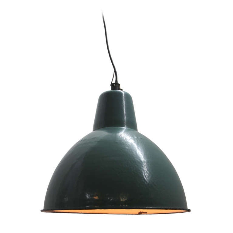 Vintage industrial hanging lamps. Petrol enamel with white interior. Cast iron top. Weight | 2.8 kg / 6.2 lb.

All lamps have been made suitable by international standards for incandescent light bulbs, energy-efficient and LED bulbs with an E27