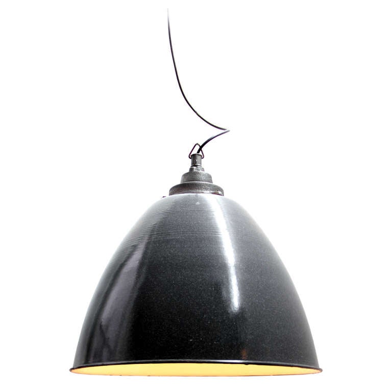 Classic European factory lamp / Big size industrial lamp. Dark gray enamel with white interior. 

Weight : 5.0 kg / 11 lb. 

All lamps have been made suitable by international standards for incandescent light bulbs, energy-efficient and LED bulbs