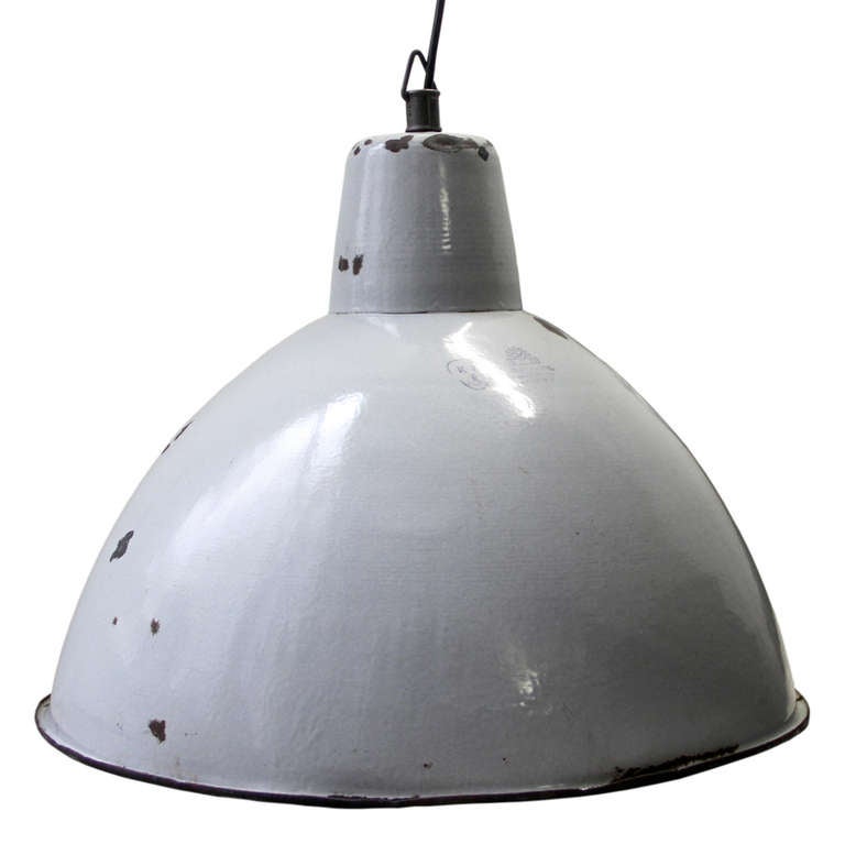 Extra large enamel industrial pendant used in warehouses and factories in Europe. Weight 3.0 kg / 6.6 lb.

All lamps have been made suitable by international standards for incandescent light bulbs, energy-efficient and LED bulbs with an E27