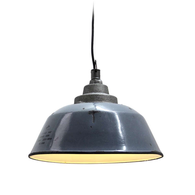 Grey  / Blue enamel industrial pendant used in warehouses and factories in Europe. Weight 3.2 kg / 6.6 lb. 

All lamps have been made suitable by international standards for incandescent light bulbs, energy-efficient and LED bulbs with an E27