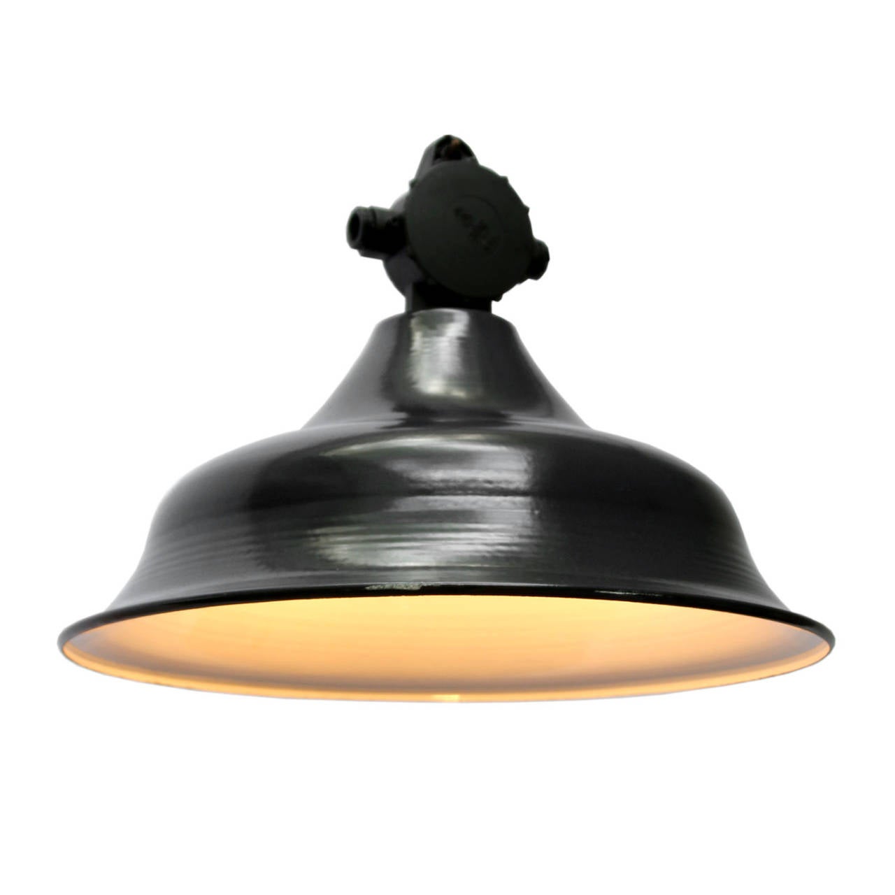 German vintage Industrial Classic. Black enamel white interior. Bakelite top. Weight  2.2 kg / 4.9 lb.

All lamps have been made suitable by international standards for incandescent light bulbs, energy-efficient and LED bulbs with an E27 socket,