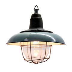 Pair of Fleuri Petrol Enamel Industrial Lamps