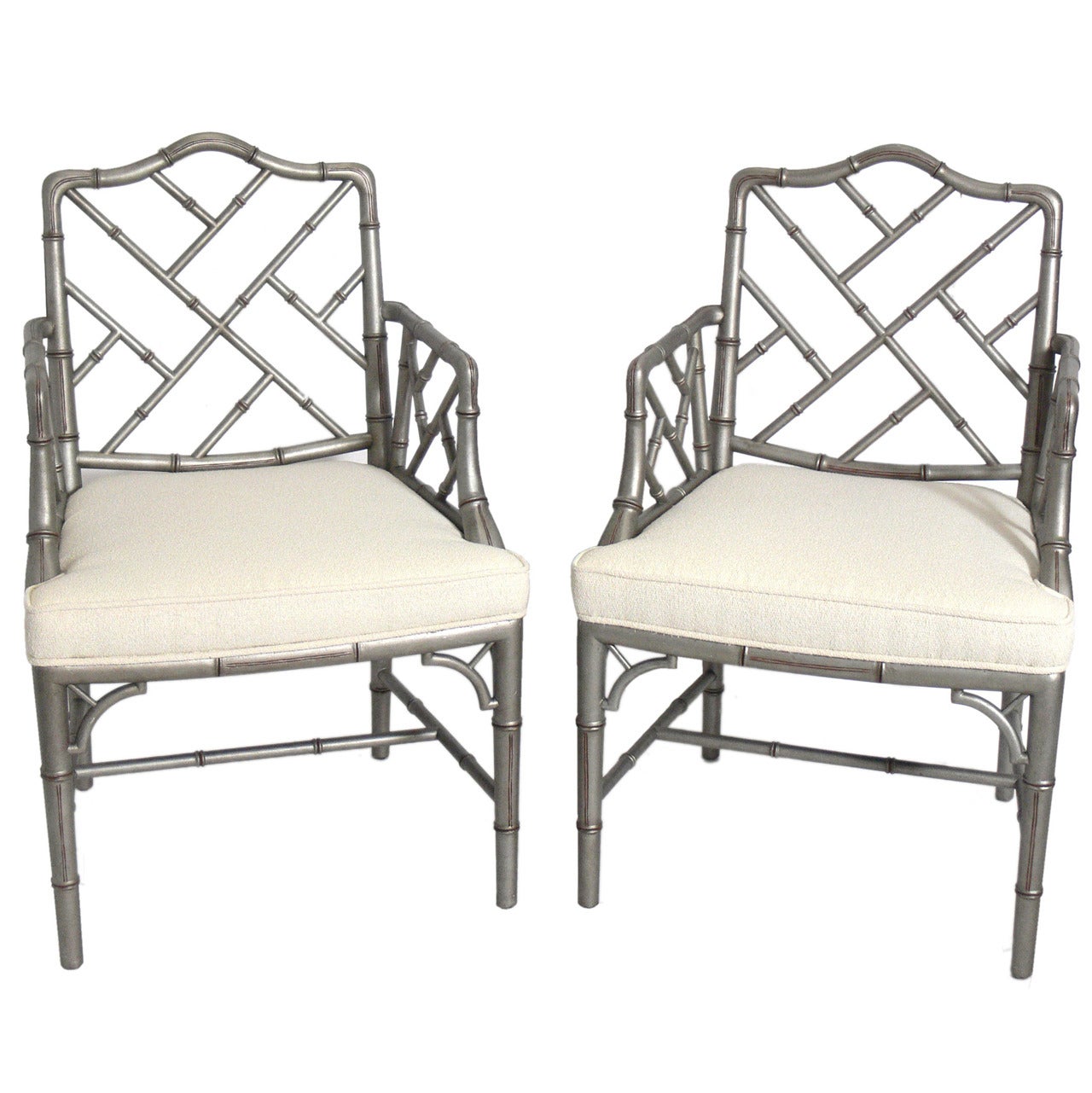 Pair of Faux Bamboo Arm Chairs in Silver Leaf Style Finish