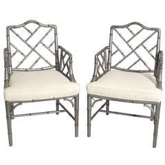 Pair of Faux Bamboo Arm Chairs in Silver Leaf Style Finish