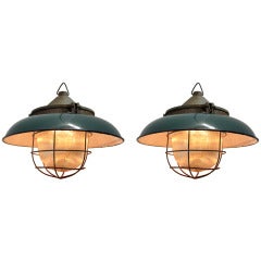 Pair of Homi Green | Green Enamel Industrial Lamps