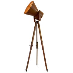 Vintage industrial spotlight on French wooden military tripod (10x)