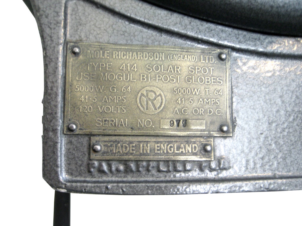Type 414 Solar Spot. Serial no. 975. Original condition, including 5000 Watt bulb. On request we can change this lamp to a more suitable fixture. Size | Head: width 50 cm x 56 cm x height 65 cm. Total height (adjustable) minimal ± 1,6 M / maximum ±