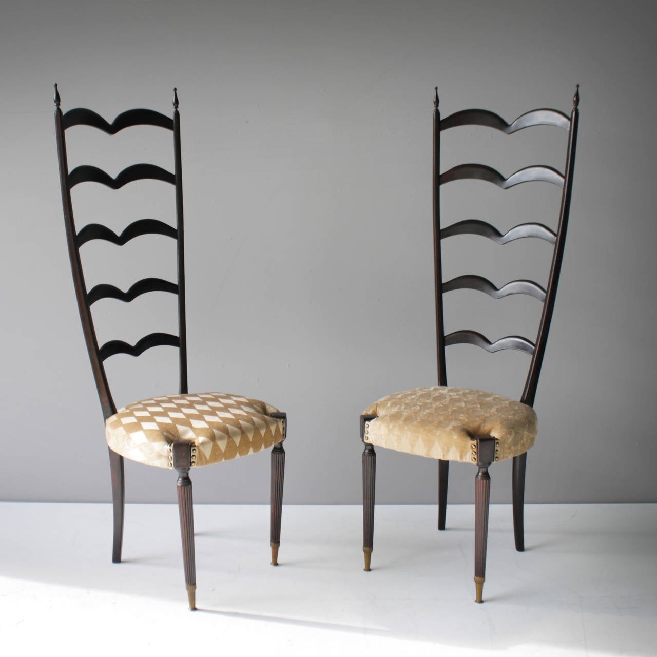 Ebonized Pair of Highly Decorative Ladder Back Chairs by Paolo Buffa