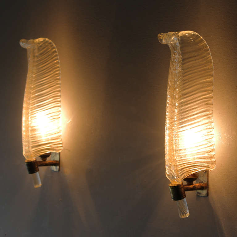 Murano Glass Pair of Italian Leaf Sconces for Barovier e Toso