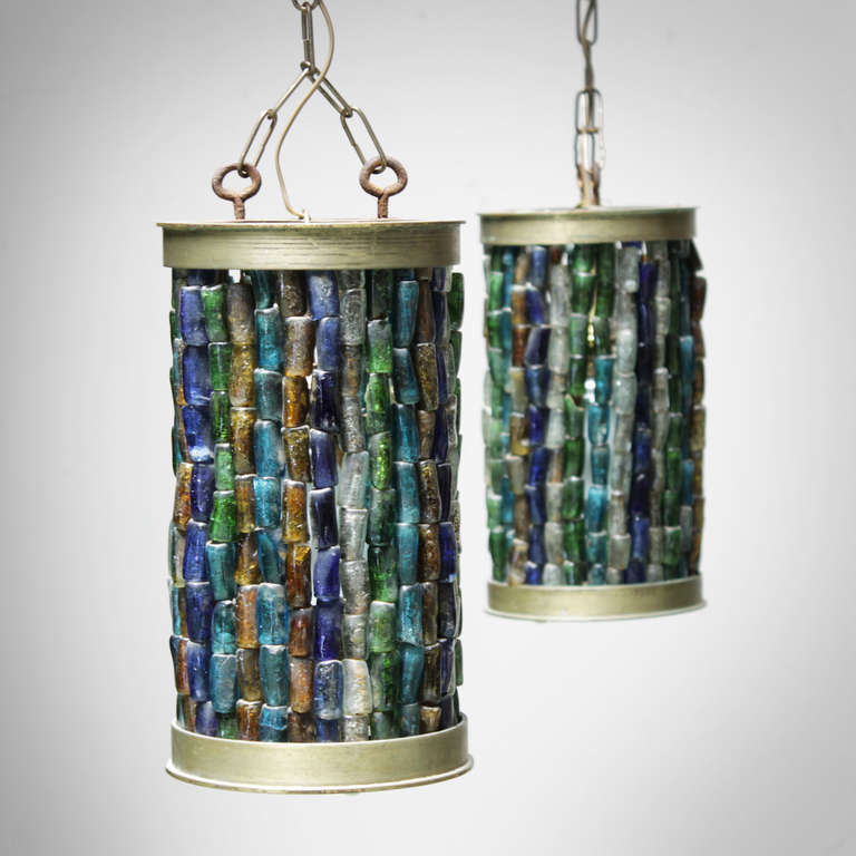 Pair of 'Hebron' glass pendants made of original Hebron blown beads in the typical colors.