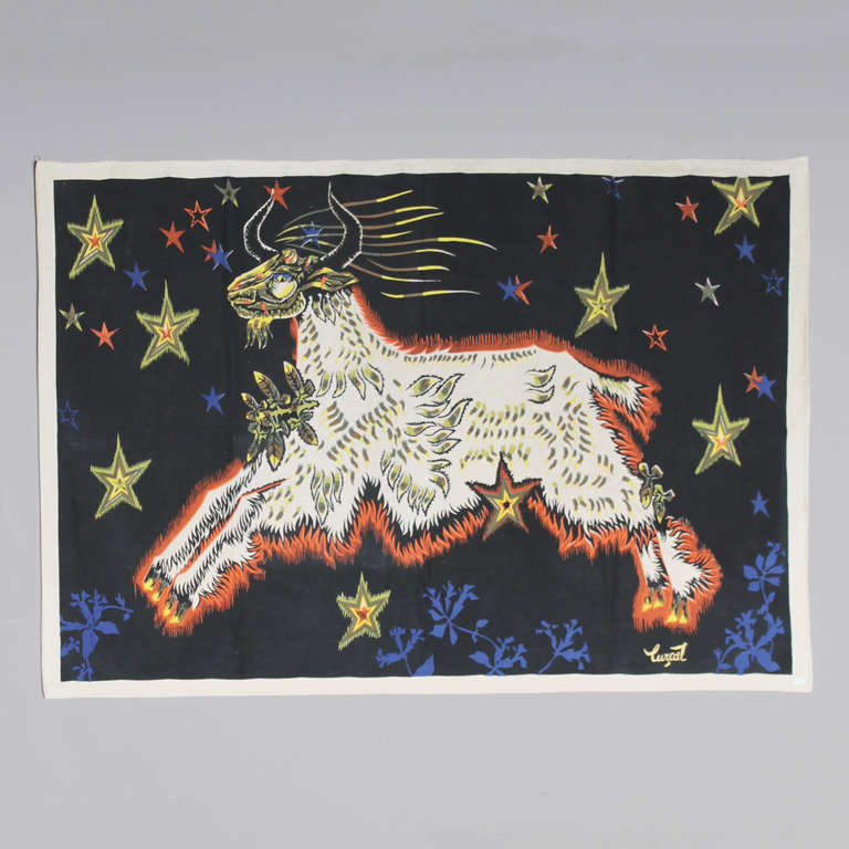 Cotton tapestry by Jean Lurcat depicting a stylized ram leaping. Manufactured by Corot France. 
Height: 50.4 in. (128 cm) and lenght 76 inches (193 cm).

Jean Lurcat (1892-1966) studied at the École de Nancy under Victor Prouvé, the father of