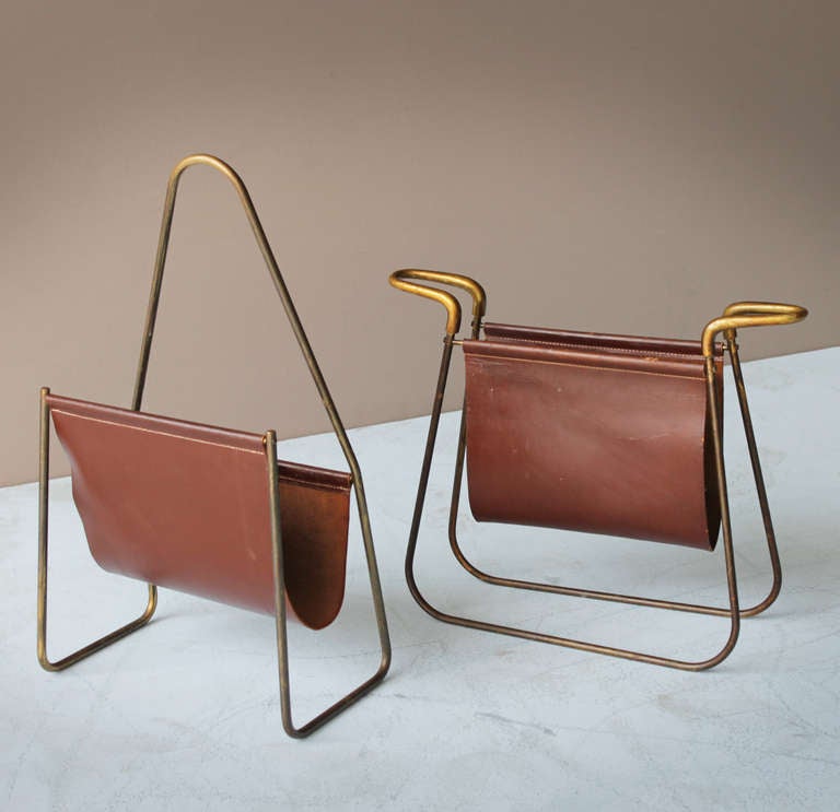 Two magazine racks by Carl Auböck from Austria. This pair in the same kind of leather and in this condition is very rare to find.
Magazine rack, mod. 3608 (low version), dimension: height 13.3 in. (34 cm), length 16.3 in. (41,5 cm) and width 4.2