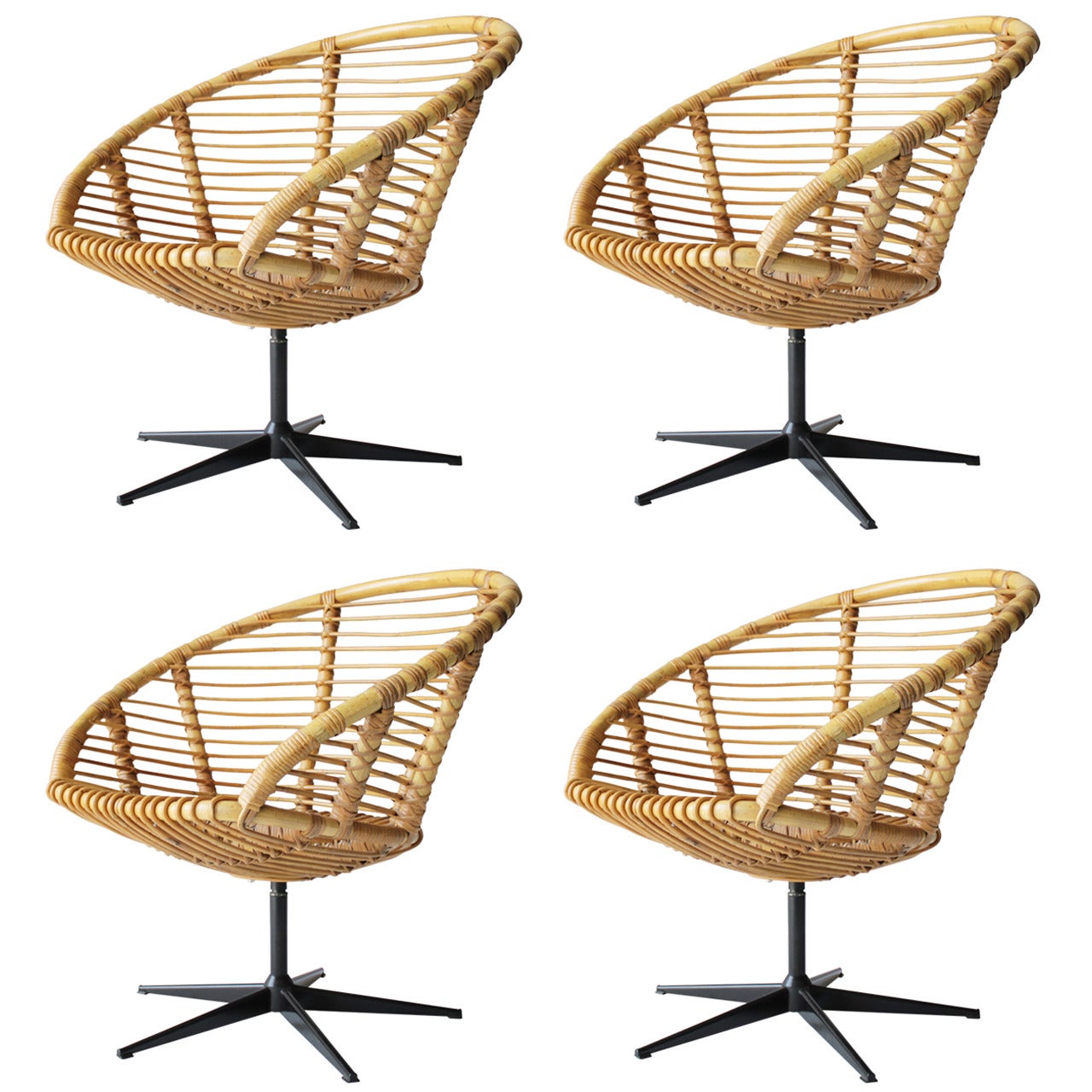 Set of Four Rattan Swivel Chairs in the Style of Franco Albini