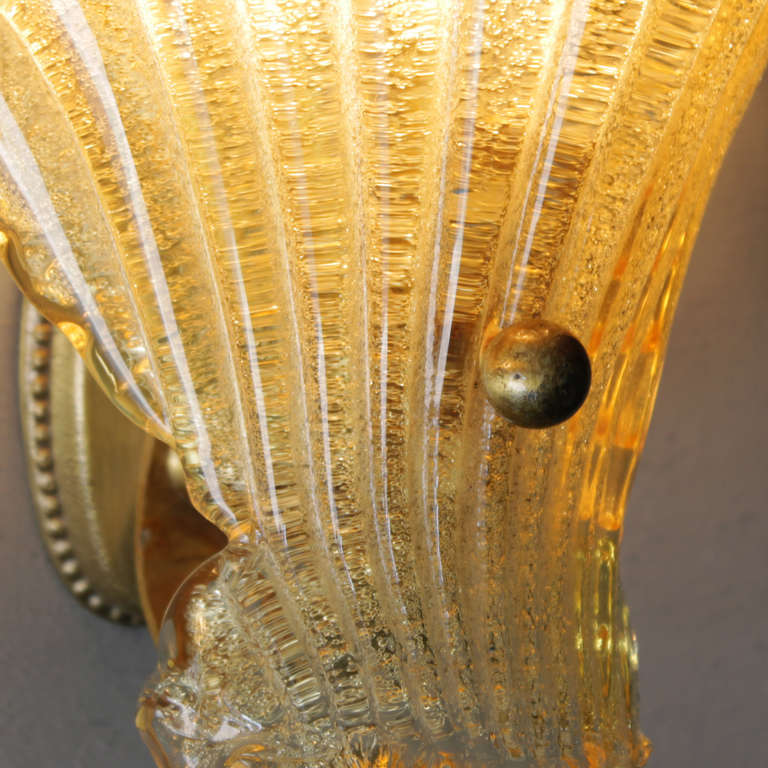 Brass Pair of Murano Gold Fleck Sconces in the Manner of Barovier and Toso