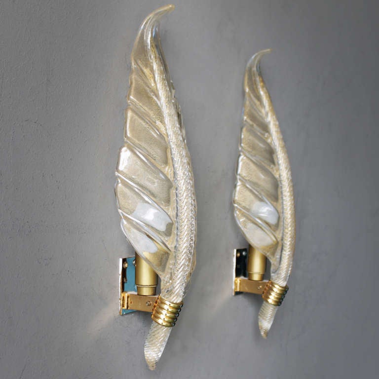 Pair of Italian leaf sconces for Barovier e Toso. Murano glass and brass. Not marked.
