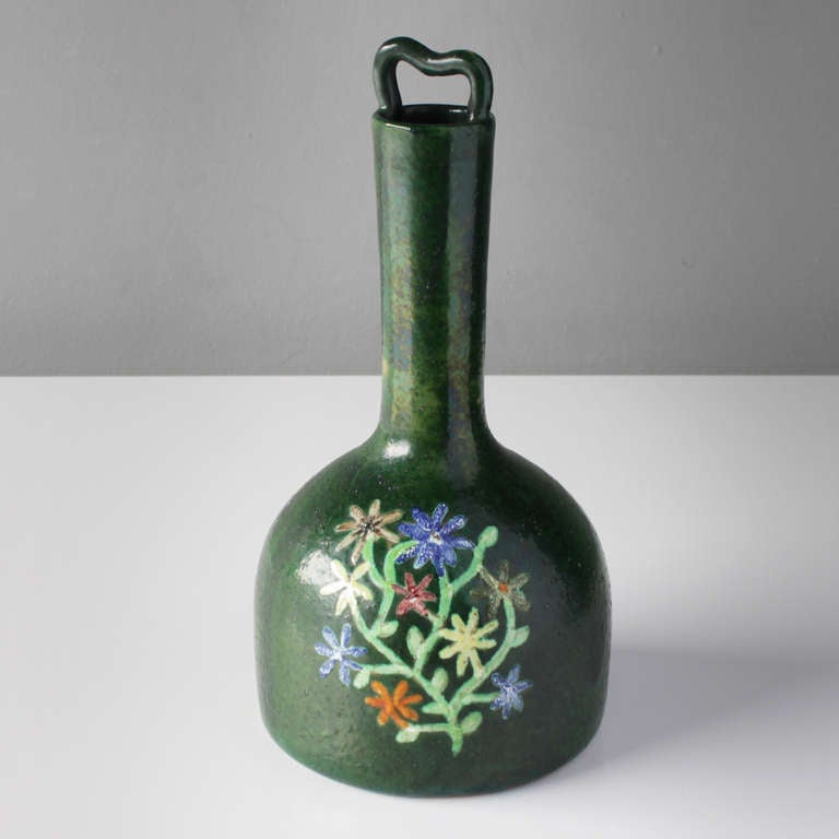 French Art Deco vase by Primavera. Green glazed ceramic with flowers.
Signed on the base.