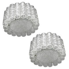 Pair of Brutalist Ice Glass Flush Mounts by Doria