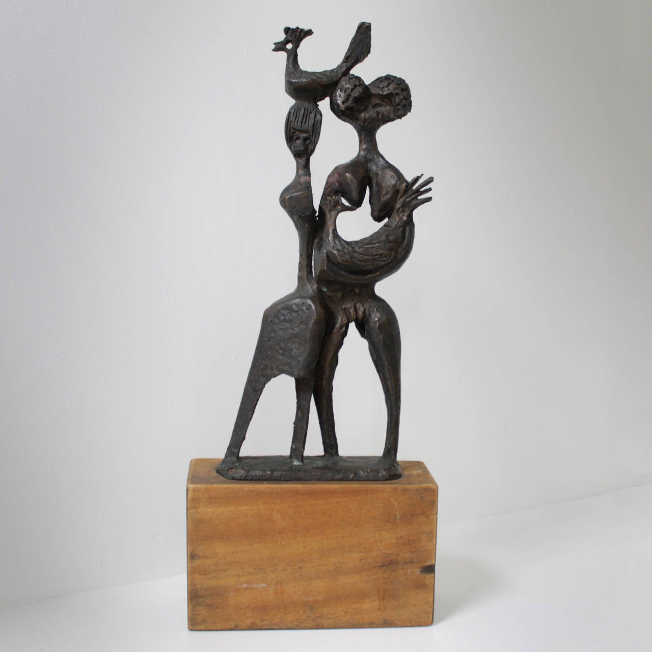 Two Figures with a Rooster. A bronze sculpture by Aharon Bezalel (Afghanistan 1926-2012). Jewish sculptor immigrated to Israel. Marked.