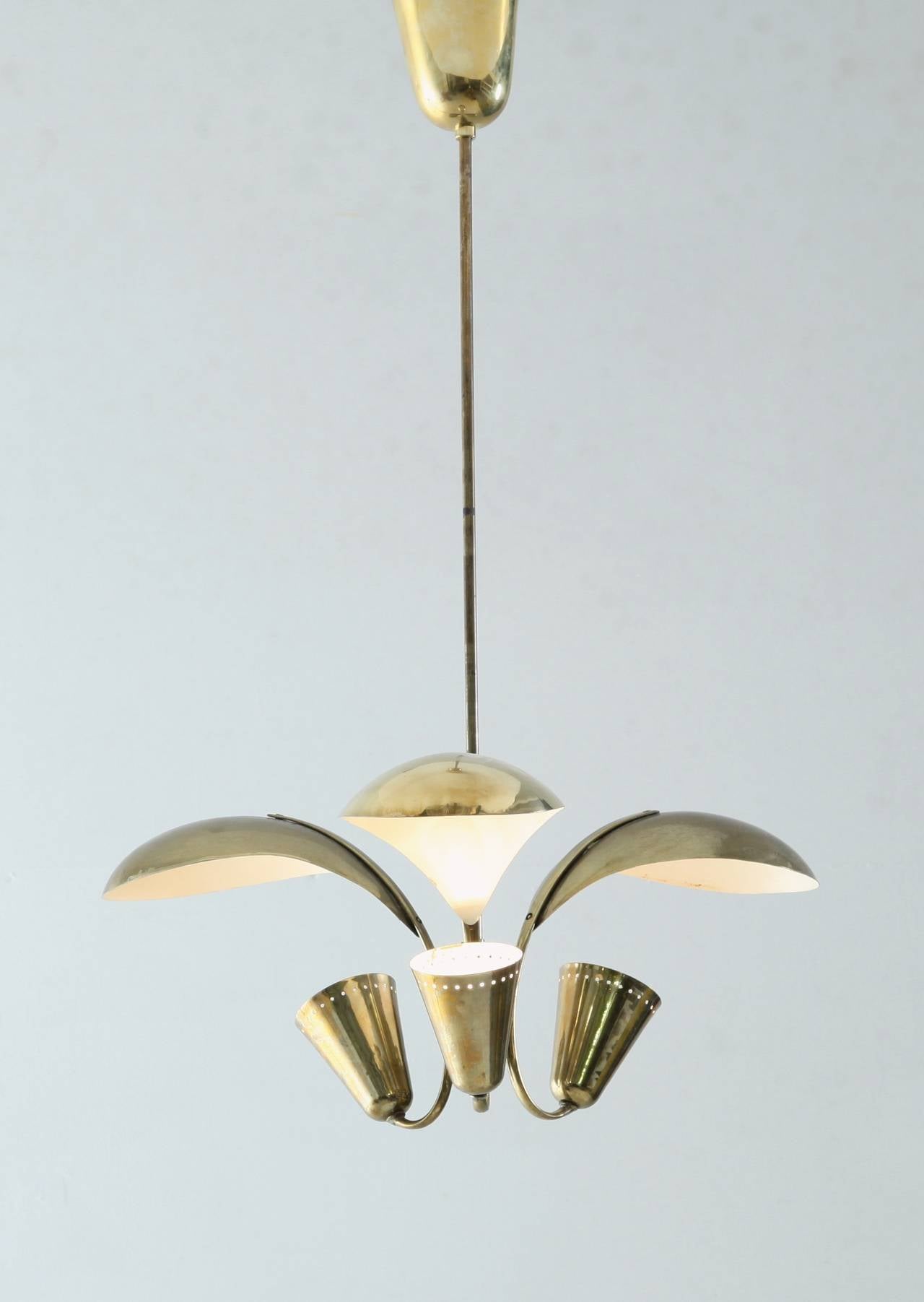 Finnish Three Armed Paavo Tynell Chandelier, Idman, Finland, 1950s For Sale