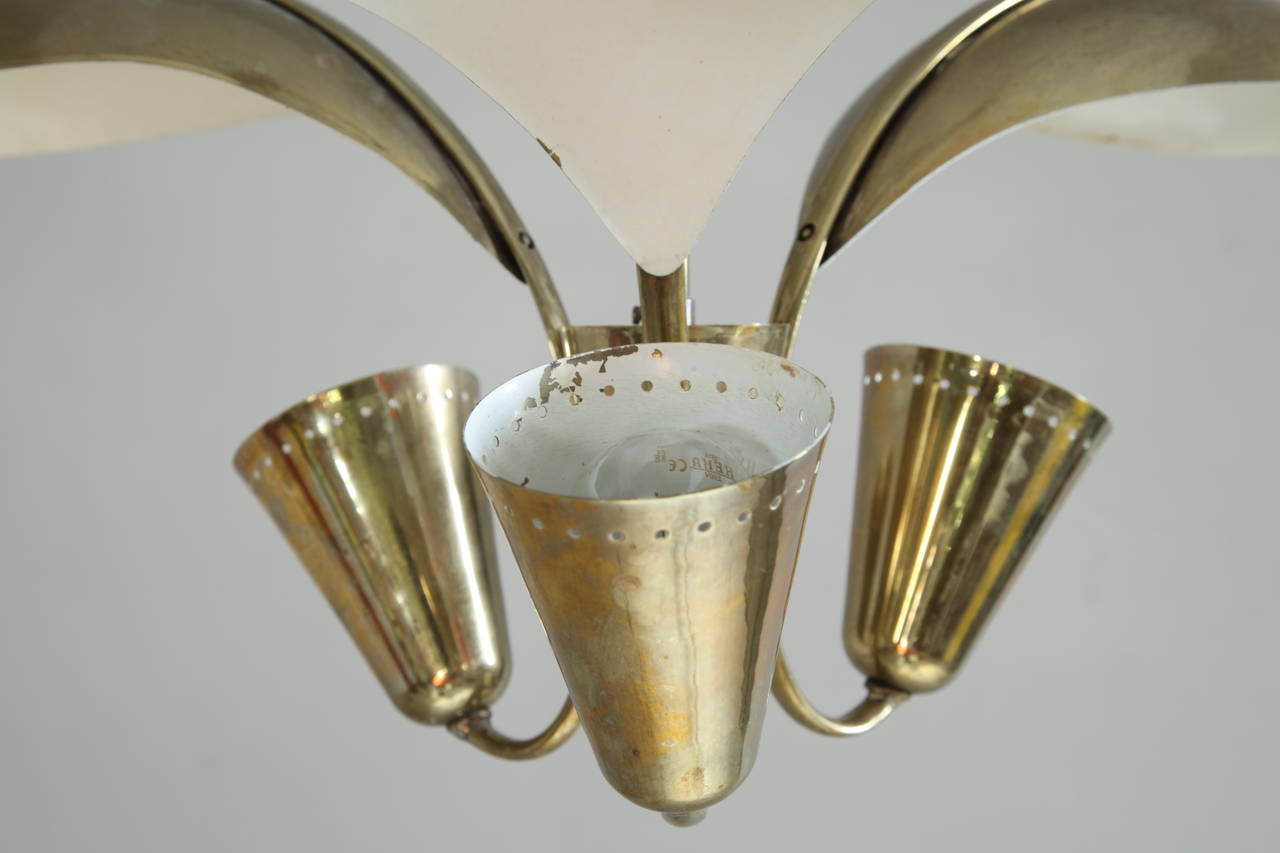 Brass Three Armed Paavo Tynell Chandelier, Idman, Finland, 1950s For Sale