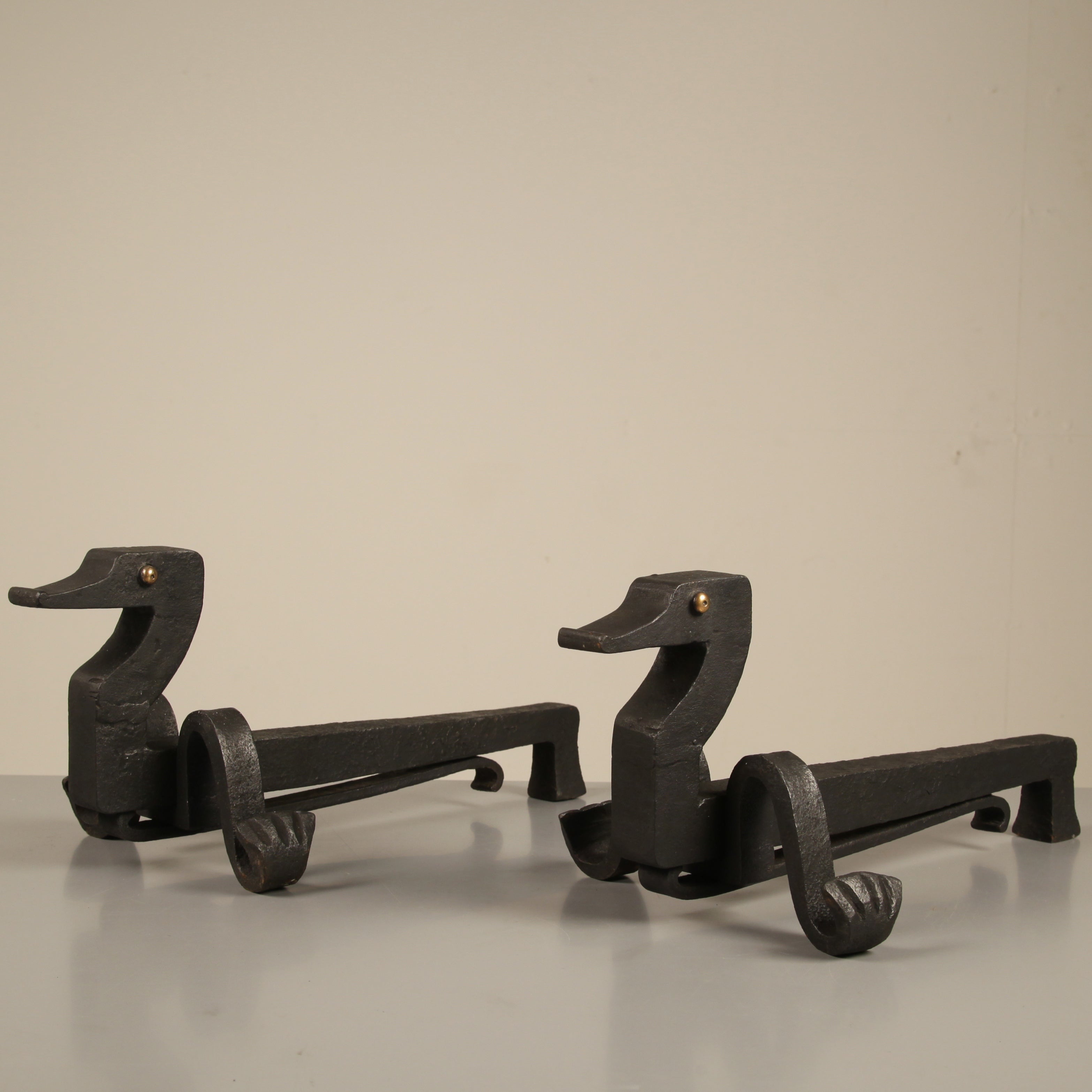 Pair duck shaped iron andirons by Edouard Schenck For Sale