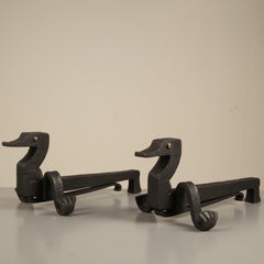 Pair duck shaped iron andirons by Edouard Schenck