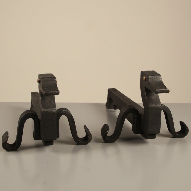 Pair duck shaped iron andirons by Edouard Schenck In Good Condition For Sale In Maastricht, NL