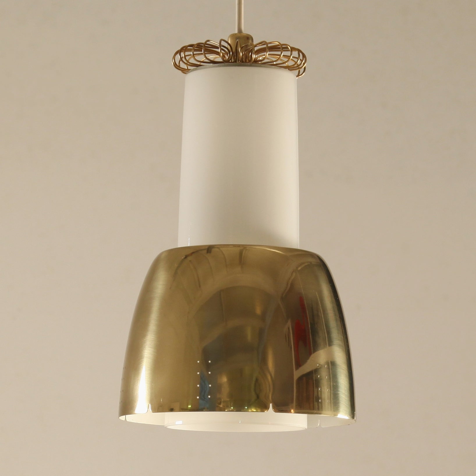 Paavo Tynell brass and opaline glass pendant lamp. Idman, Finland, 1950s For Sale