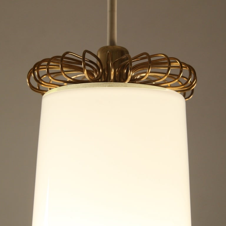 Finnish Paavo Tynell brass and opaline glass pendant lamp. Idman, Finland, 1950s For Sale