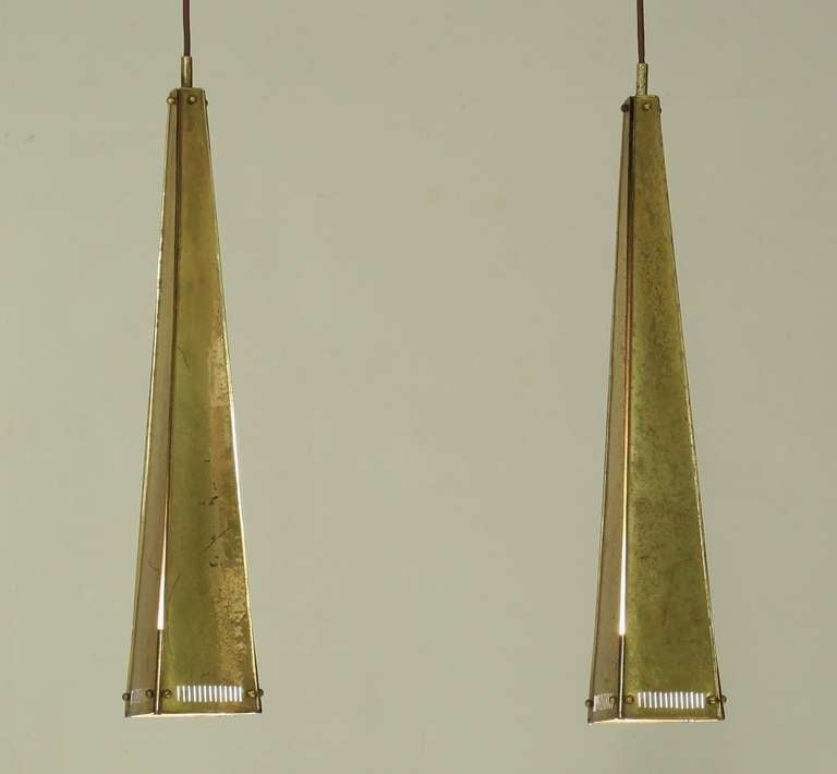 Great set of two conical shaped XXL brass pendants.
The pendants are handmade, hammered and fully executed in brass

Height stated is the height of just the shade. Total drop can be adjusted to your requirements