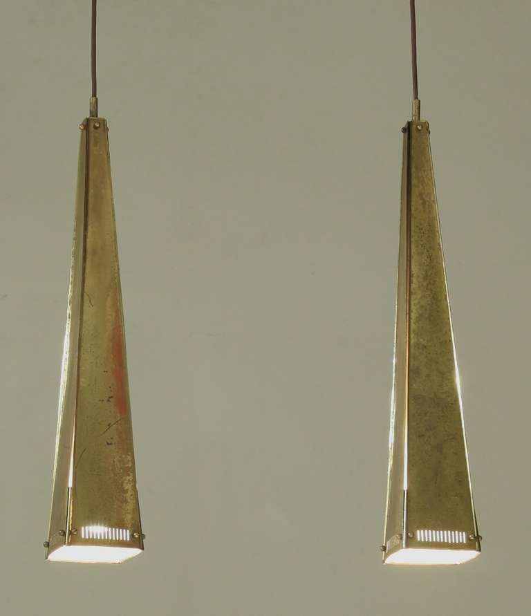 Mid-Century Modern Pair of XL Conical Hand Hammered Brass Pendants, 1950s For Sale