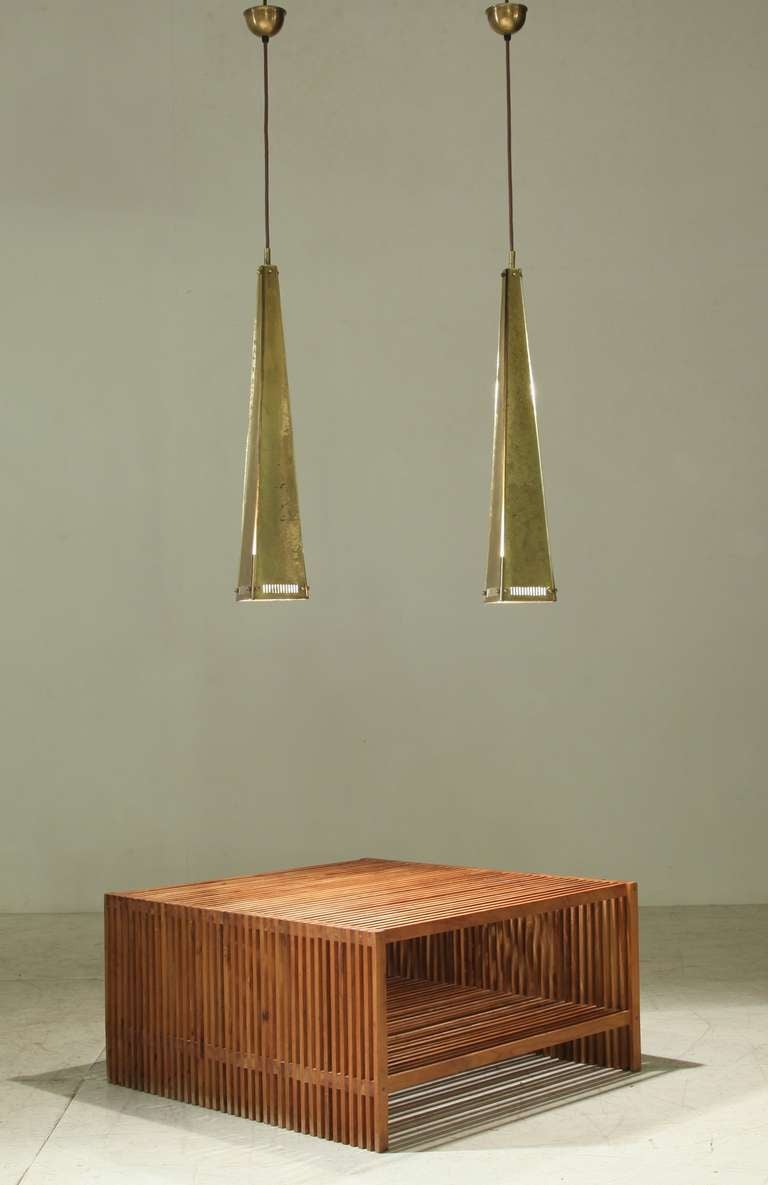 Mid-20th Century Pair of XL Conical Hand Hammered Brass Pendants, 1950s For Sale