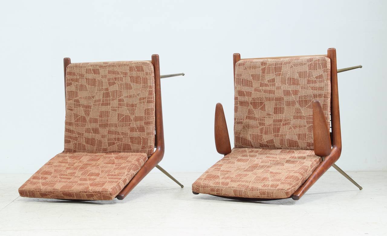 Brass Peter Hvidt Pair of Boomerang Chairs with Original Upholstery, Denmark, 1950s