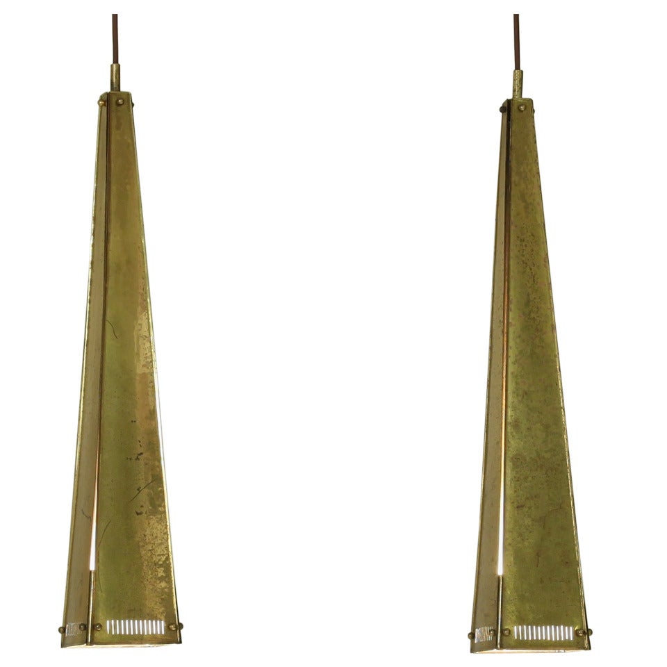 Pair of XL Conical Hand Hammered Brass Pendants, 1950s For Sale
