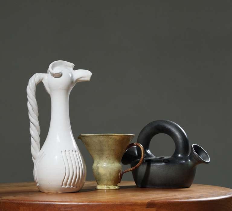 Mid-20th Century Suzanne Ramie White Zoomorphic Pitcher, Stamped Madoura, Vallauris For Sale