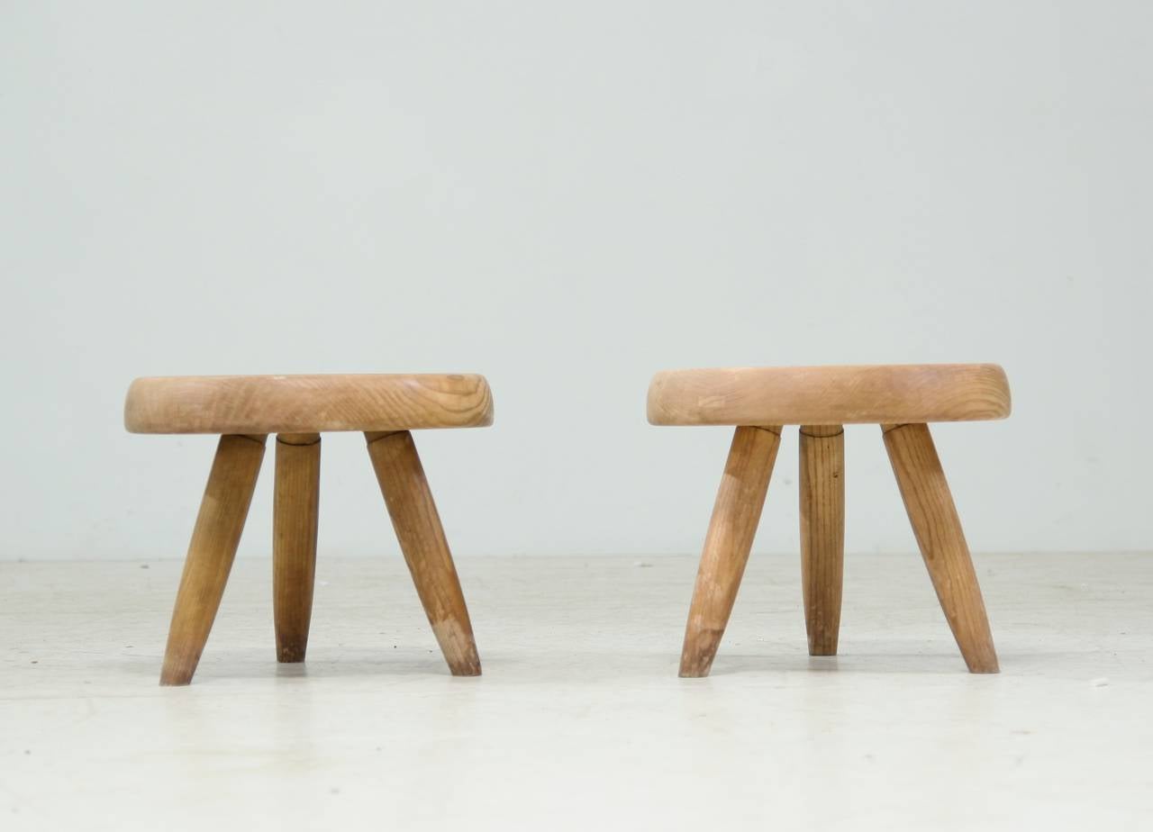 Mid-Century Modern Pair of Charlotte Perriand Low Stools in Ash