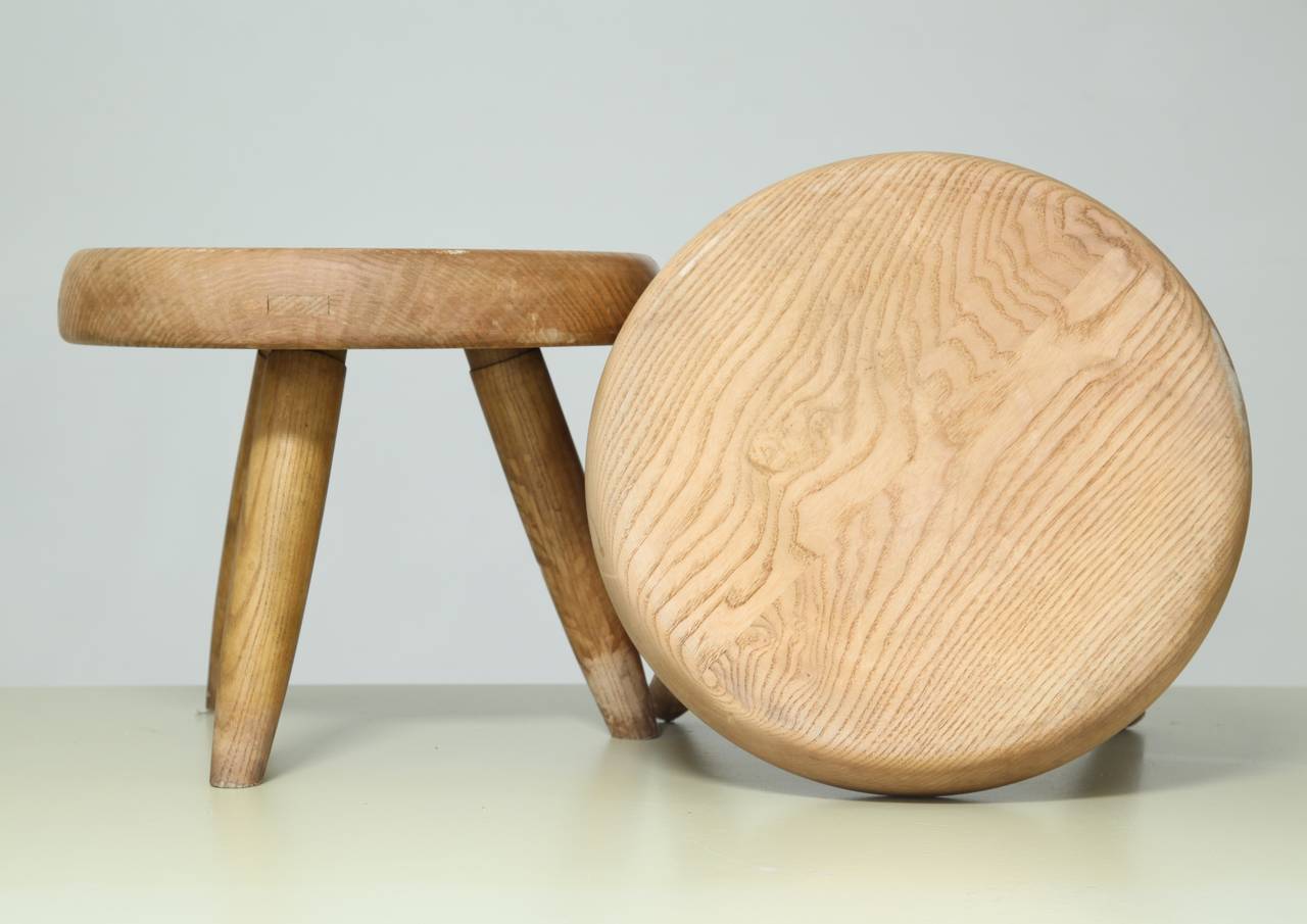 Mid-20th Century Pair of Charlotte Perriand Low Stools in Ash