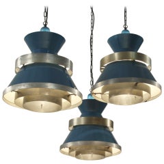 Vintage Set of Three Extra Large Danish Industrial Pendants in Enameled Brass, 1950s