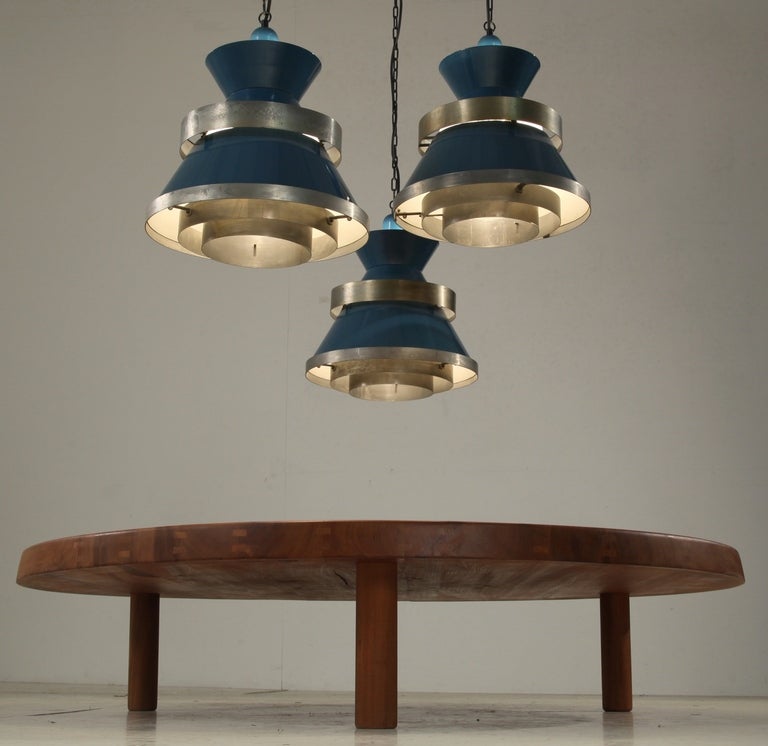 Set of Three Extra Large Danish Industrial Pendants in Enameled Brass, 1950s