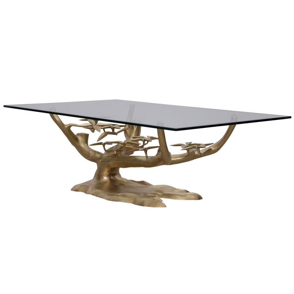 Solid Brass Willy Daro Coffee Table with Glass Top For Sale