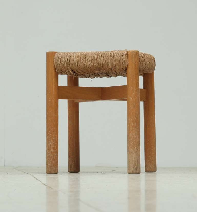 Mid-Century Modern Charlotte Perriand Oak and Reed Stool For Meribel, France For Sale