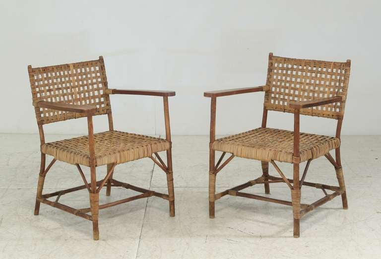 German Pair Late 1940s Arts and Crafts Willow Wood Chairs