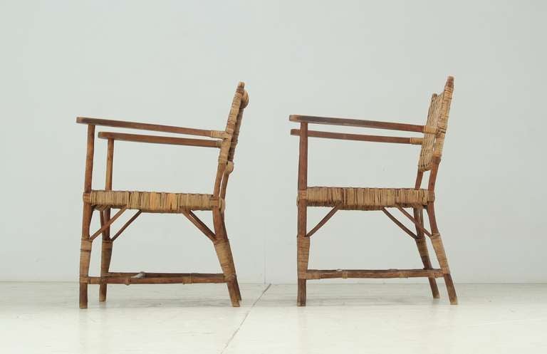 Mid-20th Century Pair Late 1940s Arts and Crafts Willow Wood Chairs